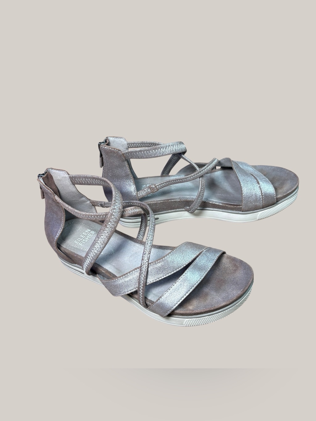 Eileen Fisher Metallic Leather Strappy Platform Sandals Women’s Size 6 Back Zip